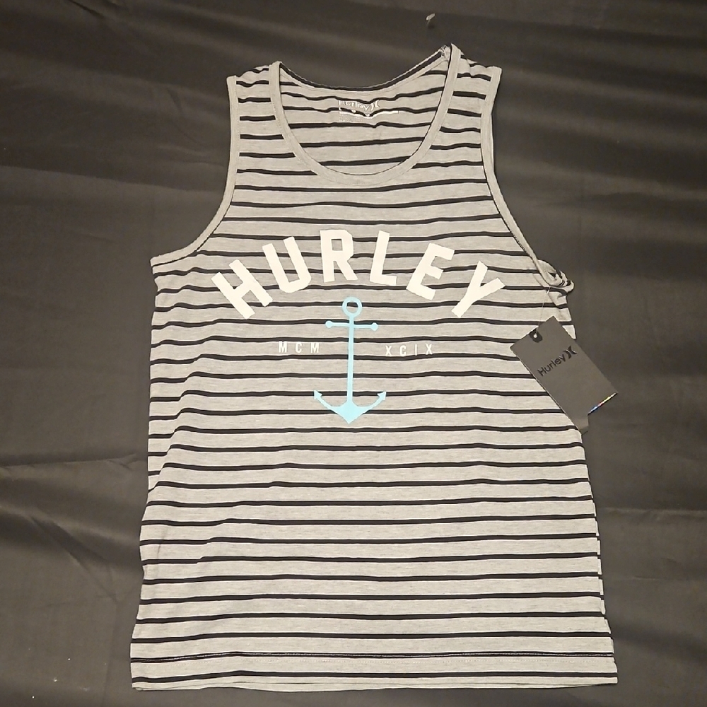 Hurley Gray and Black Striped Tank with Blue Anchor